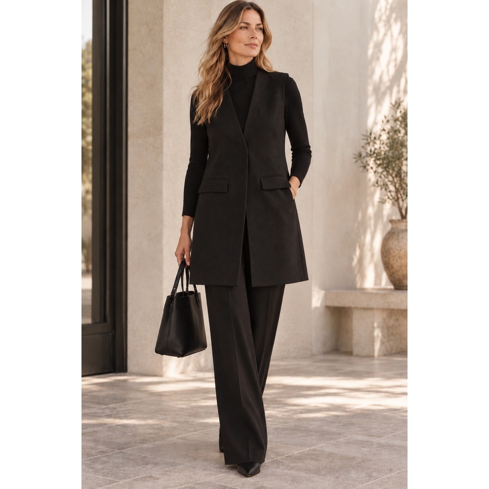 NWT Tahari Long Cardigan Jacket Sz XL Black Sleeveless Minimalist Sophisticated